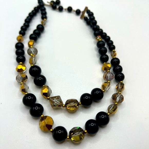 VINTAGE Double Strand Black Beads Glass Beads Necklace - Picture 2 of 9